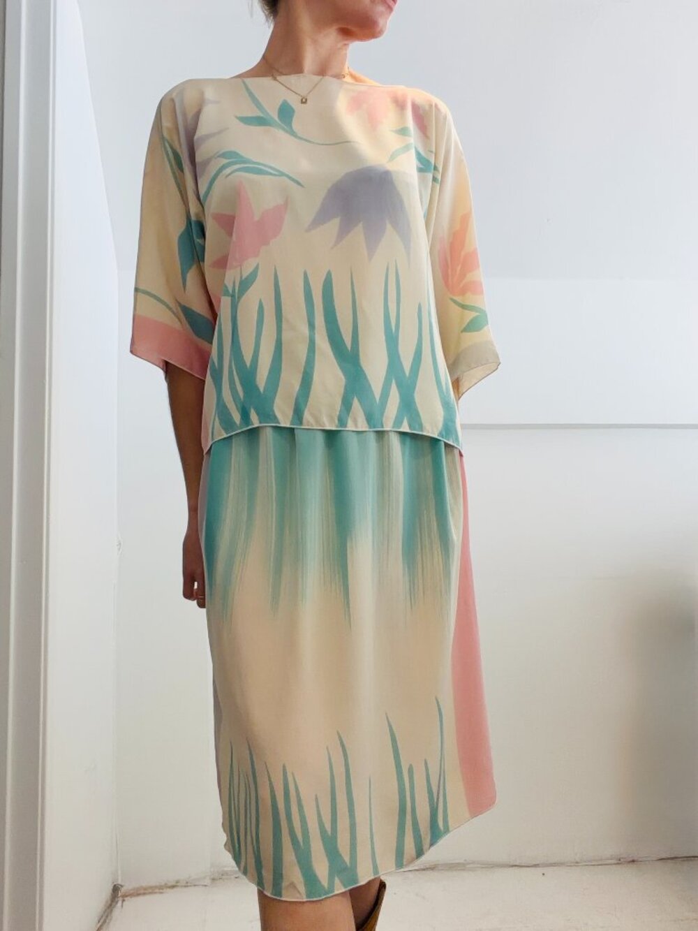 Vintage Pastel Floral Silk Top and Skirt Set